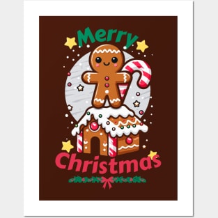 Gingerbread Man with Candy Cane on Gingerbread House. Posters and Art